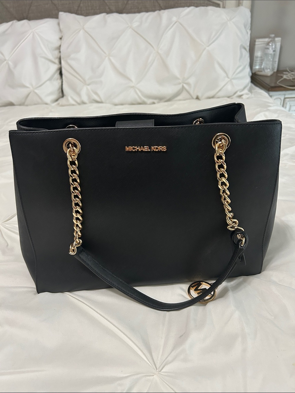 Michael Kors Black Leather Tote with Gold Chain Straps
